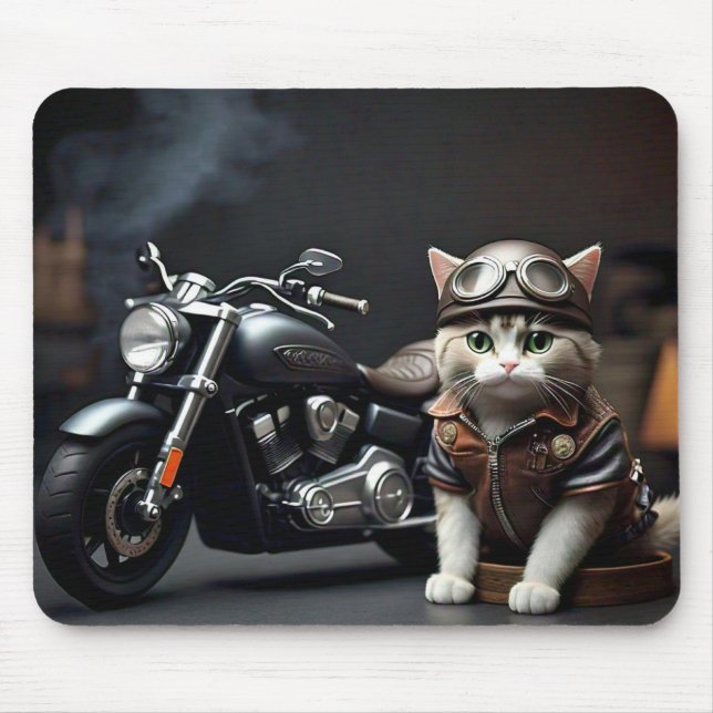 Mousepad Gato bonito com o mouse de motocicleta (Frente)