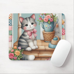 Mousepad Gato Bonito em Porch com Flores e Correspondência