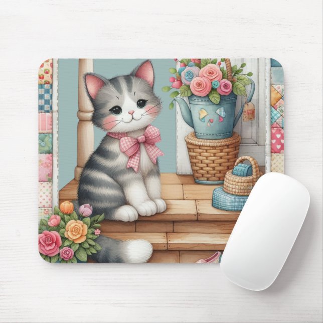 Mousepad Gato Bonito em Porch com Flores e Correspondência (Com mouse)