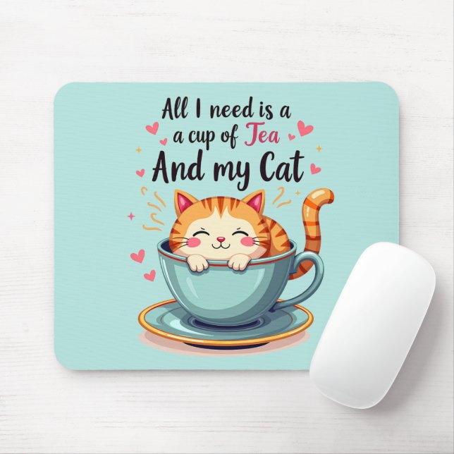 Mousepad Gato bonito em Teacup Kawaii Cozy Art (Com mouse)