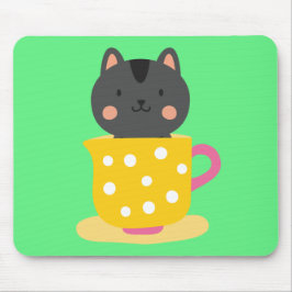 Mousepad Gato bonito na caricatura do teacup na menta