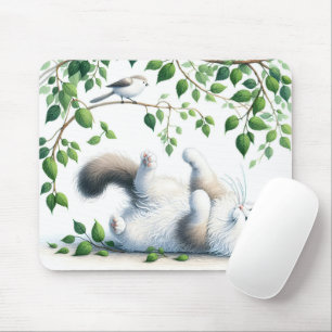 Mousepad Gato Branca Com Pássaro Em Árvore