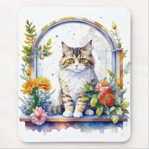 Mousepad Gato Branca Doce na Janela das Flores