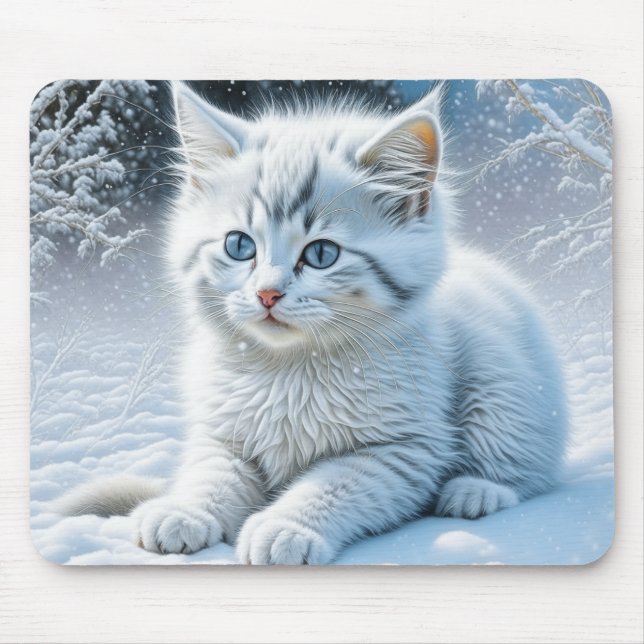 Mousepad Gato Branco Bonito Brincando na Neve (Frente)