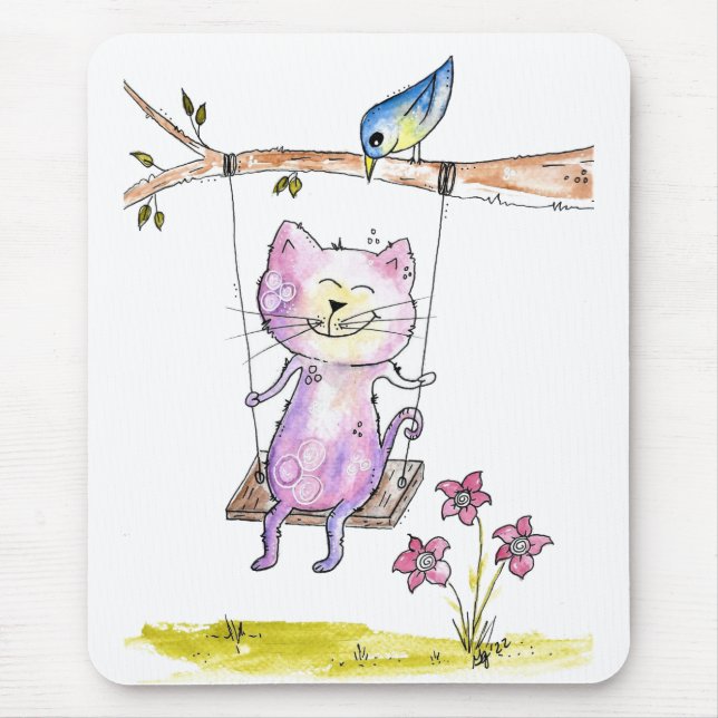 Mousepad Gato Branco Cinto-Rosa em Swing (Frente)