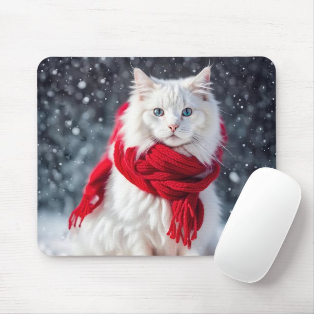 Mousepad Gato Branco com a espinha vermelha de inverno (Com mouse)