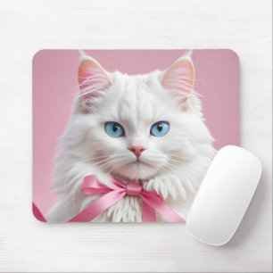 Mousepad Gato Branco com Fita Rosa