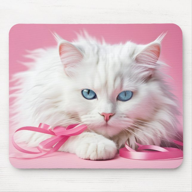 Mousepad Gato Branco Com Fitas Rosa (Frente)