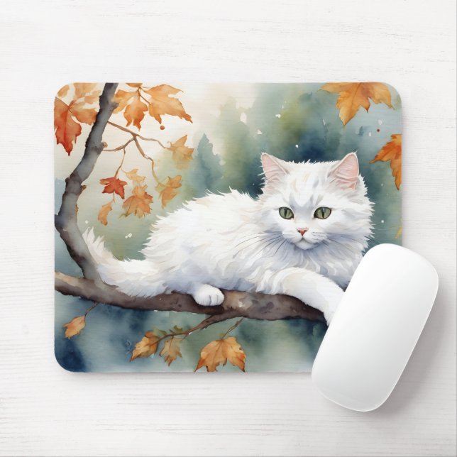 Mousepad Gato Branco do Autumn Watercolor (Com mouse)