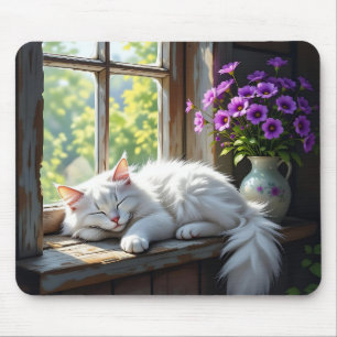 Mousepad Gato Branco Dormindo e Flores Roxas
