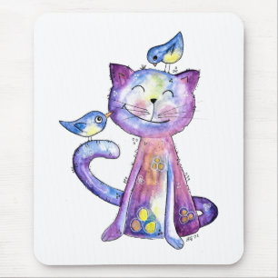 Mousepad Gato Branco e Roxo Cugado com Aves
