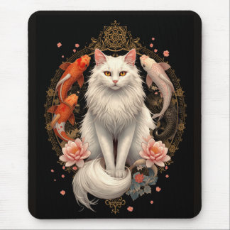 Mousepad Gato Branco Elegante com Peixes Koi