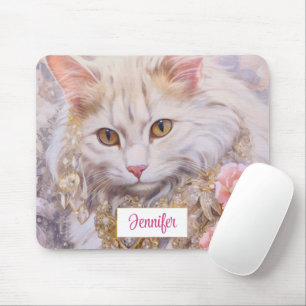 Mousepad Gato Branco Elegante em Dourado e Ouros