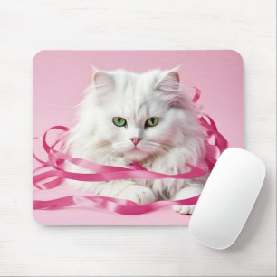 Mousepad Gato Branco Em Fitas Rosa