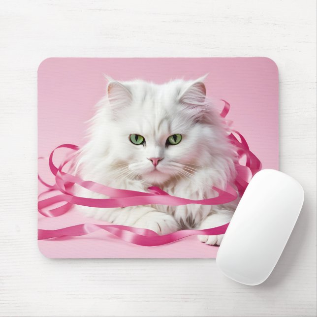 Mousepad Gato Branco Em Fitas Rosa (Com mouse)
