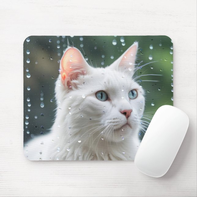 Mousepad Gato Branco Em Janela Chuva (Com mouse)