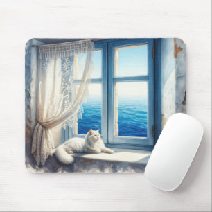 Mousepad Gato branco em uma janela com vista para o oceano