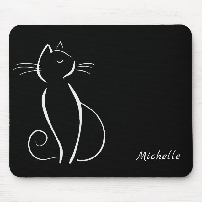 Mousepad Gato Branco Minimizado em Preto Nome Adicionar (Frente)