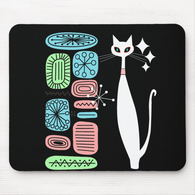 Mousepad Gato branco moderno do meio século atômico da era (Frente)