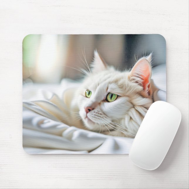Mousepad Gato Branco Na Cama (Com mouse)