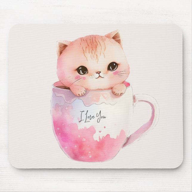 Mousepad Gato branco-rosado em uma taça de chá (2) (Frente)