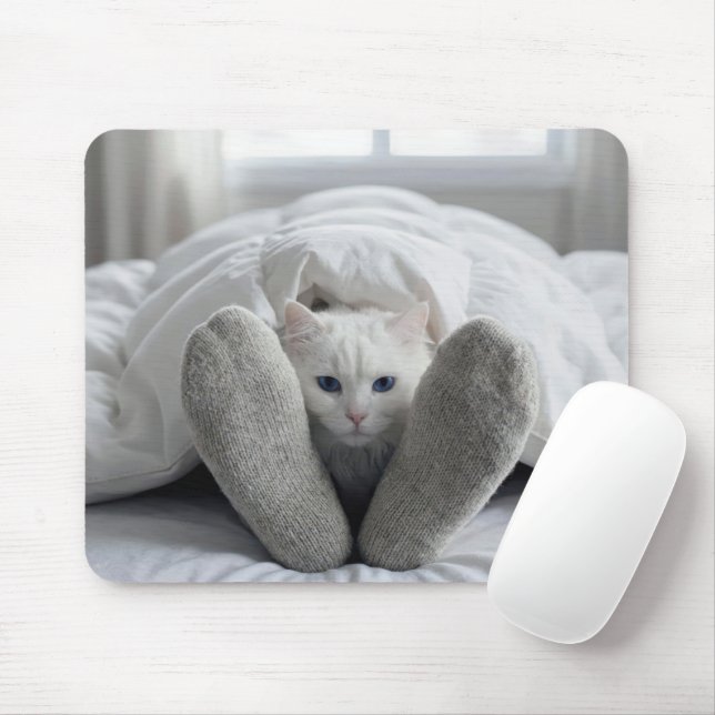 Mousepad Gato Branco Sob um Edredão Branco (Com mouse)