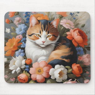 Mousepad Gato calico fofo e flores