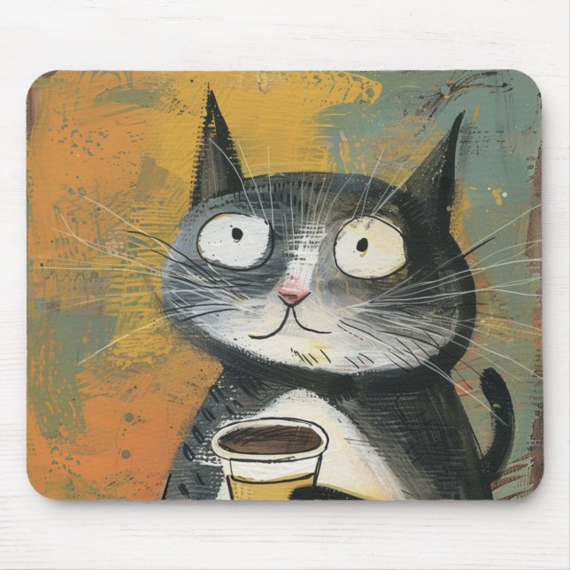 Mousepad Gato Cinza com Café em Ocre (Frente)