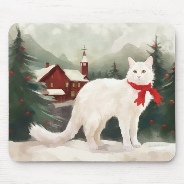 Mousepad Gato de Angora Turco no Natal da Neve (Frente)