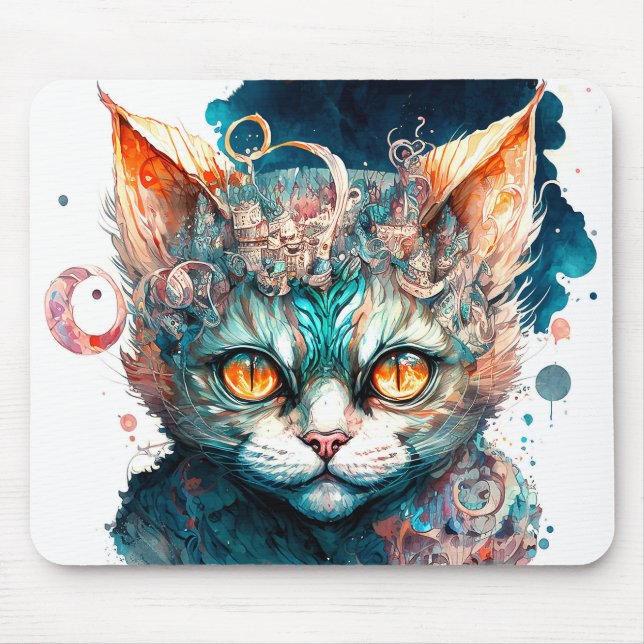 Mousepad Gato de aquarela no estilo steampunk (Frente)