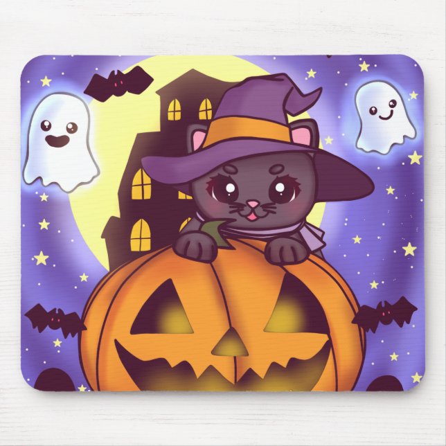 Mousepad Gato de Bruxa de Outubro de Feliz Halloween (Frente)