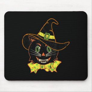 Mousepad Gato de chapéu de bruxa de Halloween vintage