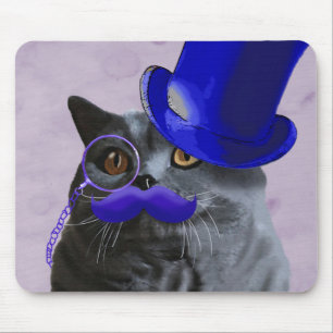 Mousepad Gato de cinza com bigode azul superior e bigode