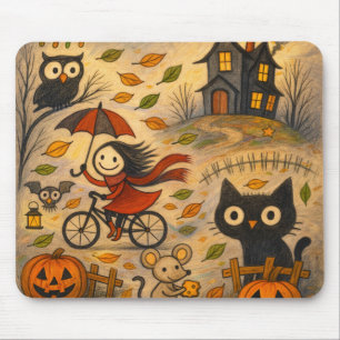 Mousepad Gato de Halloween & Garota de Bicicleta