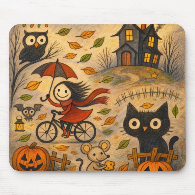 Mousepad Gato de Halloween & Garota de Bicicleta (Frente)