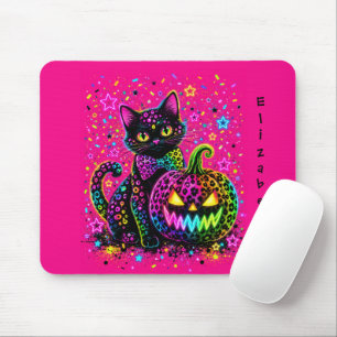 Mousepad Gato de Halloween Neon Leopardo & Festa de Abóbora