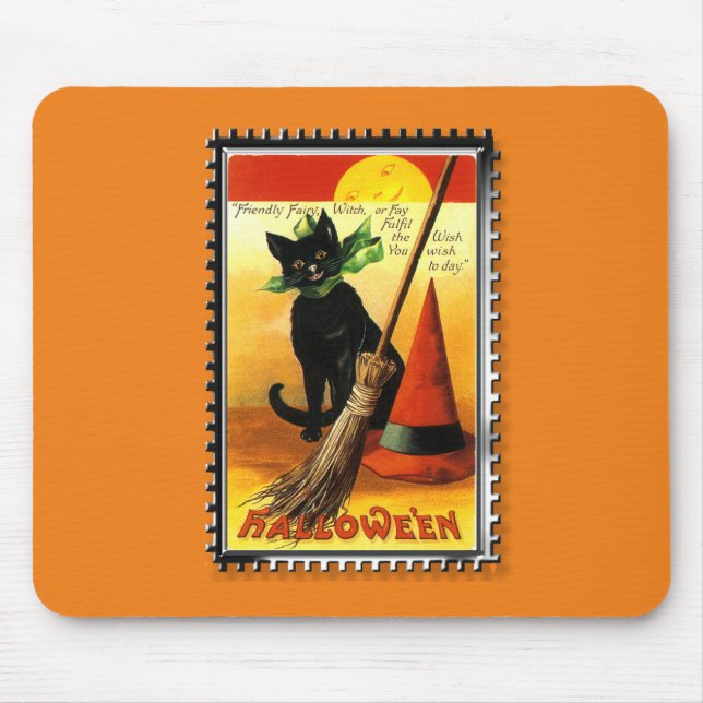Mousepad Gato de Halloween Sentado Chapéu de Bruxas (Frente)
