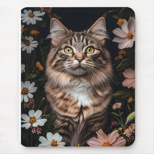 Mousepad Gato de Maine Coon cercado por flores (Frente)
