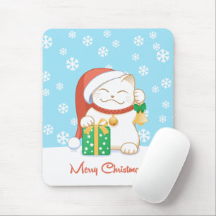 Mousepad Gato de Natal Branco num Chapéu Vermelho