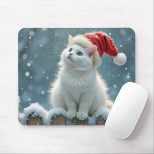Mousepad Gato de Natal Branco numa cerca de neve