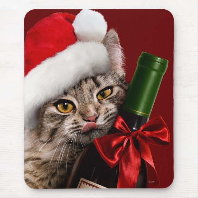 Mousepad Gato De Natal Com Garrafa De Vinho (Frente)