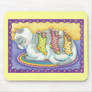 Mousepad Gato de Natal Fofo Dormindo com Ratos em Meias