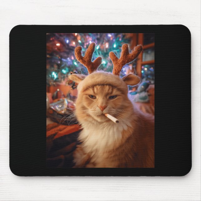 Mousepad Gato de Natal Fumando Cigarro Meme Conforto Geraçã (Frente)