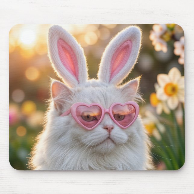 Mousepad Gato de Páscoa Branco com orelhas de Coelho (Frente)