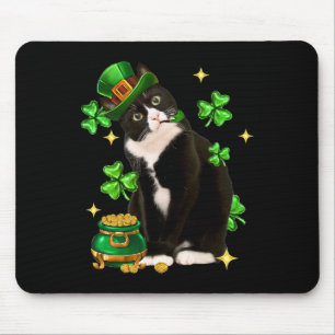 Mousepad Gato de Shamrock Irlandês de Tuxedo Cute de Dia de