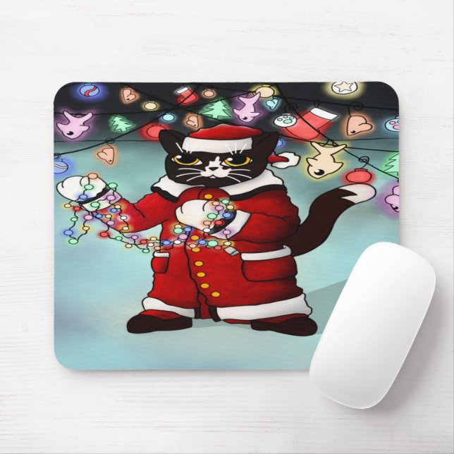 Mousepad Gato de Tuxedo Bonito das Luzes de Natal (Com mouse)