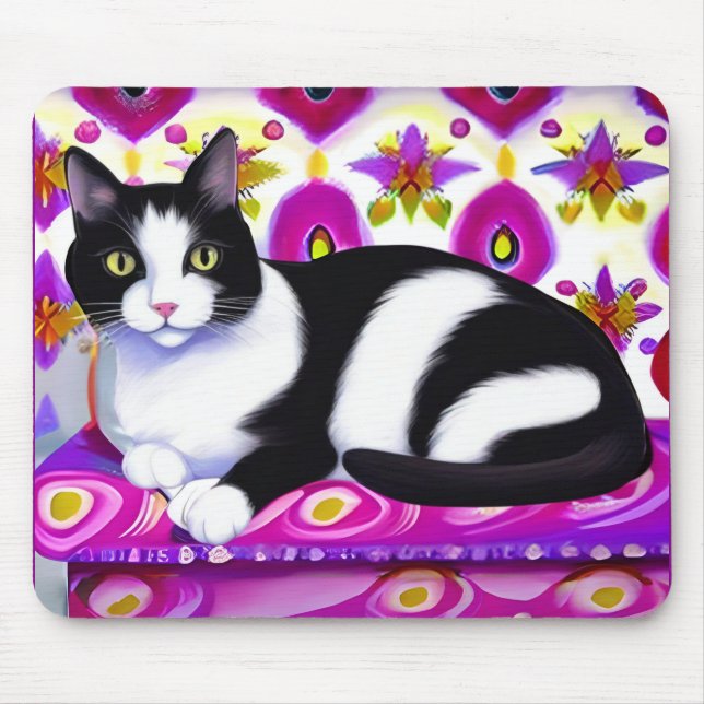 Mousepad Gato de Tuxedo preto e branco em uma almofada (Frente)