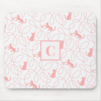Mousepad Gato Divertido e Padrão de Bola de Linha Coral Cla