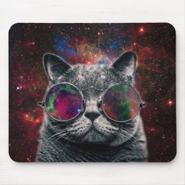 Mousepad Gato do espaço que veste óculos de proteção na (Frente)