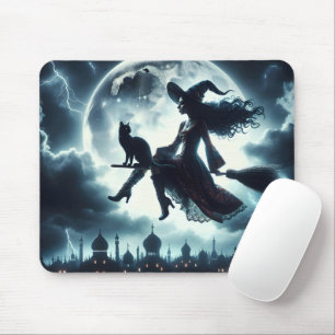 Mousepad Gato e Bruxa Voando em uma Vassoura
